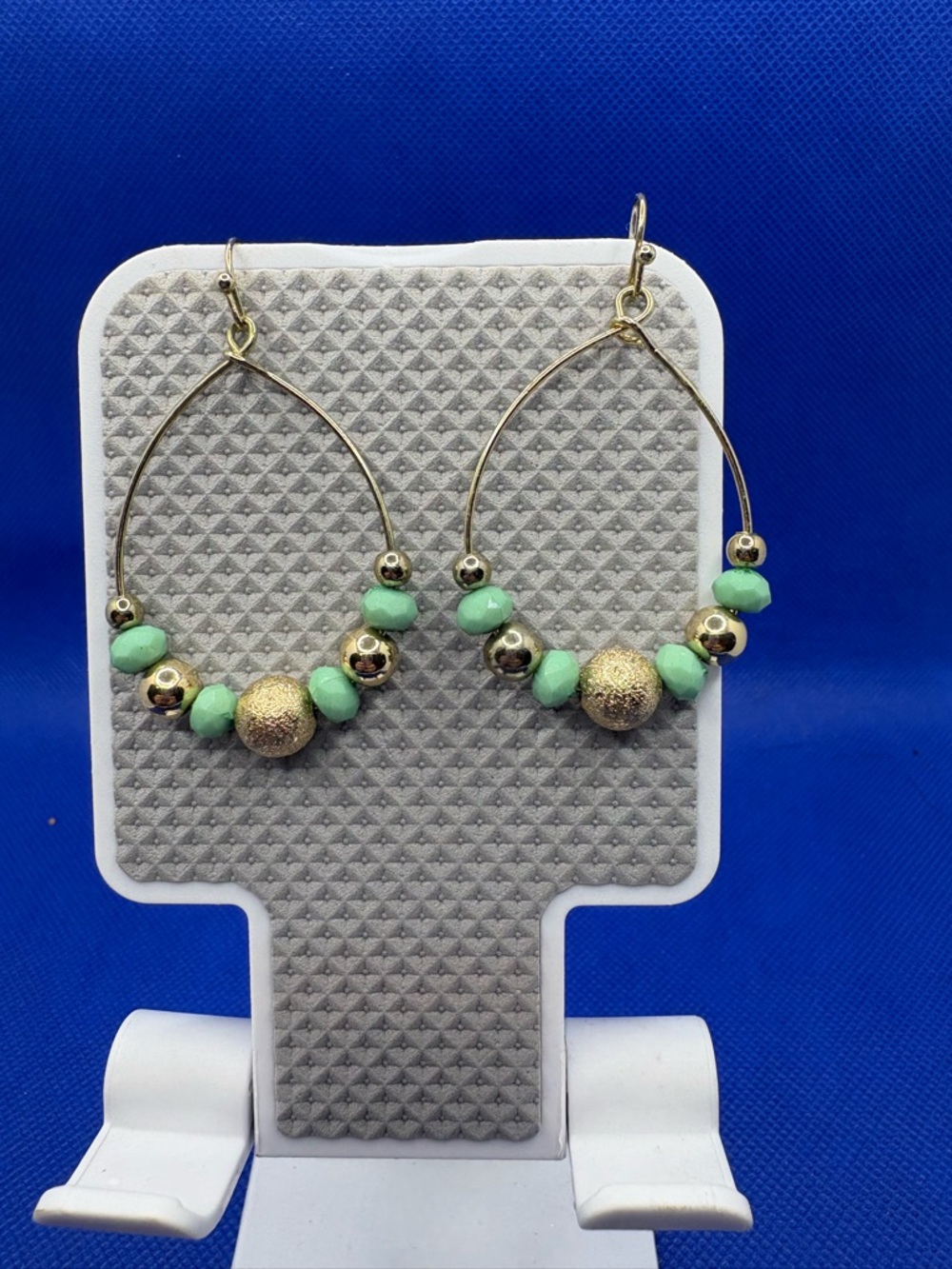 Mint Green Beaded Hoop Earrings Gold Tone Textured Accent Boho Chic